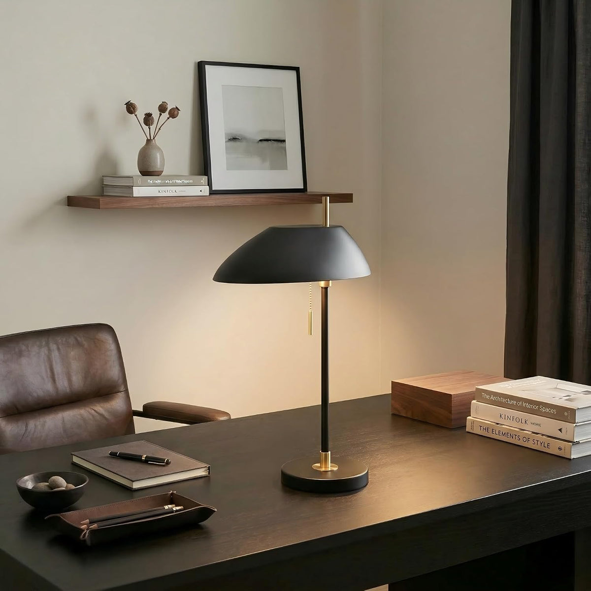 Modern Vintage Black Table Lamp, Industrial Minimalist All-Metal Bedside Lamp with Pull Chain Switch, Decorative Nightstand Lamp for Bedroom, Living Room, Office, E26 Bulb Base