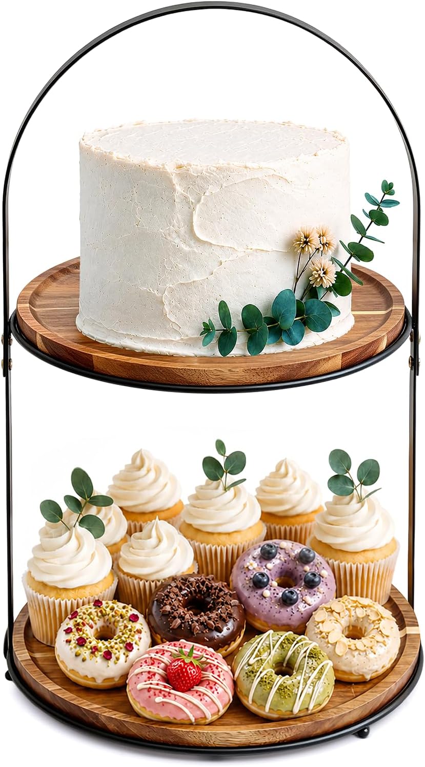 2-Tier Acacia Wood Cupcake Stand, Cake & Dessert Table Display, Arched Iron Frame Tiered Display Stand for Birthday, Wedding, Coffee Bar, Kitchen Counter & Party Decor, Black