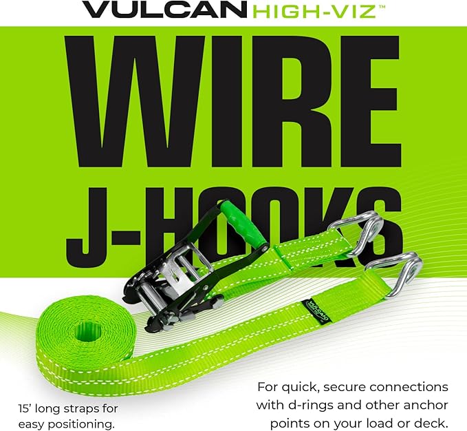 Vulcan Complete Axle Tie Down Kit - High-Viz - Includes 4x 22" & 36" Axle Straps, 4x 15' Wire J Hook Ratchet Straps