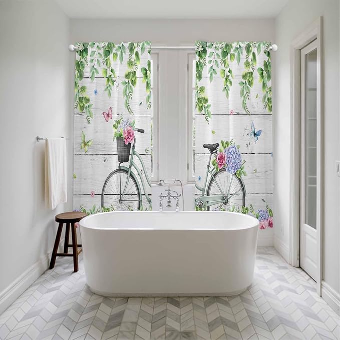 Spring Kitchen Curtains, Bicycles Botanical Rose Leaves Butterfly Wood Grain
