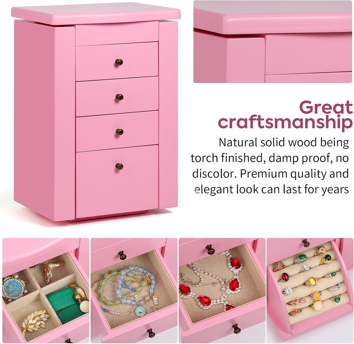 Meangood Jewelry Box Jewelry Organizer, 5-Layer Wooden Jewelry Organizers and Storage Boxes for Women Girls, Ring Earring Bracelet Necklace Holder Organizer with Mirror & Drawers (Pink)