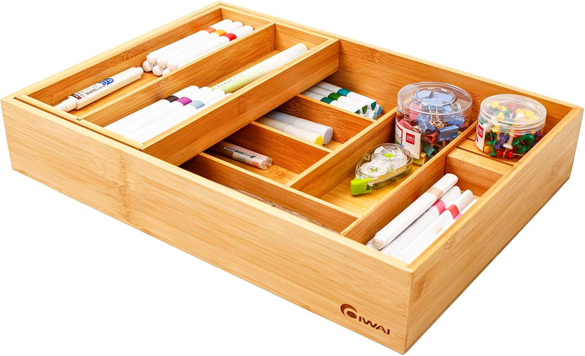 COIWAI Two tier Bamboo kitchen Drawer Organizer Cutlery Utensil Silverware Organizer Tray for Drawer, double layer Holder Drawer Dividers for Flatware (L: 16.85 × 12.2 in)