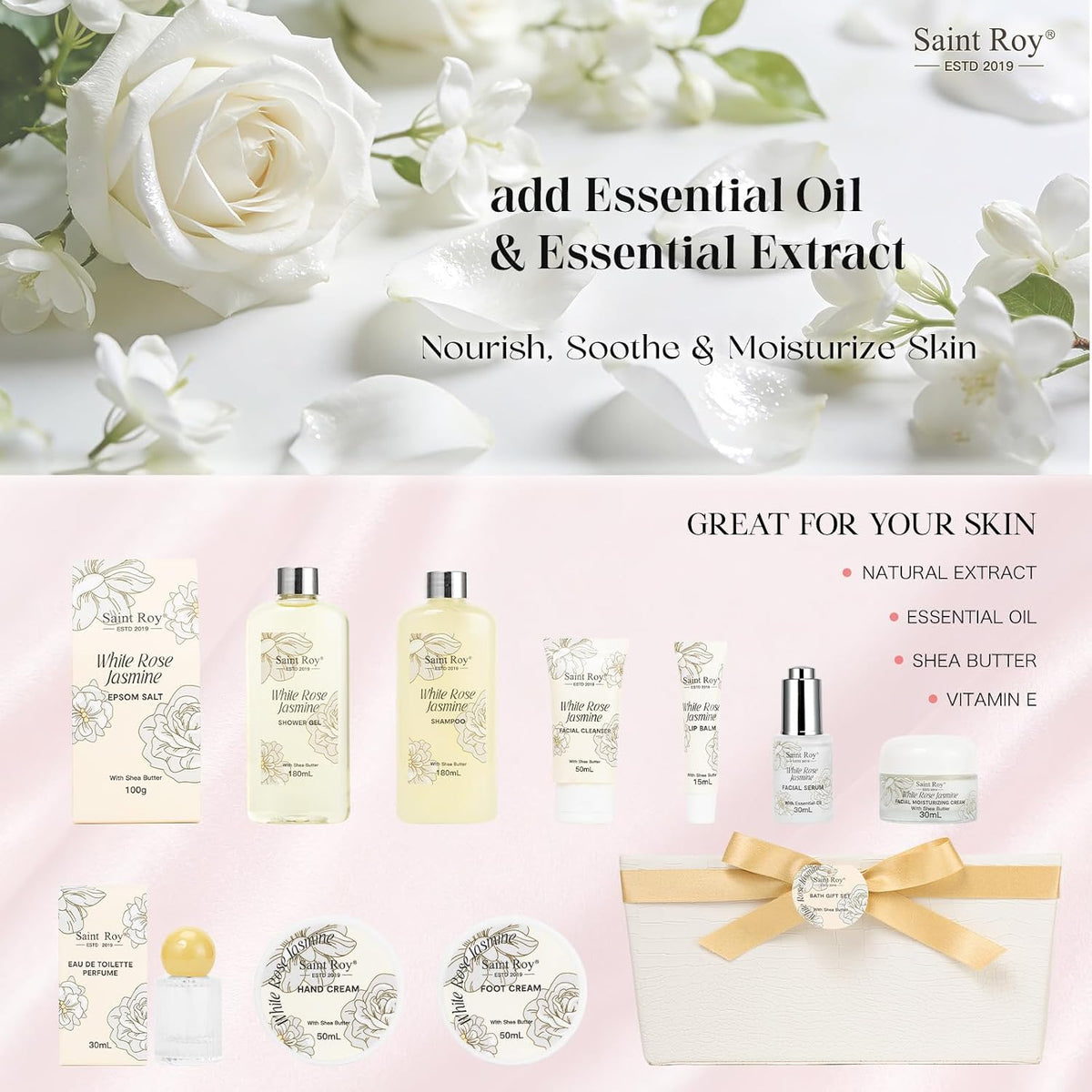 37Pcs Rose Jasmine Bath and Body Gift Basket, Facial Skin Care Set, Spa Kit