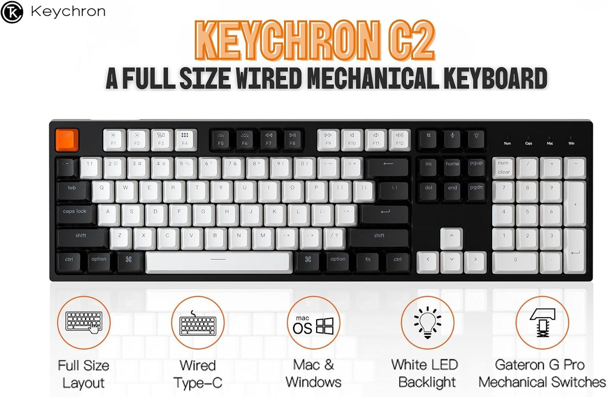 Keychron C2 Wired Full-Size Keyboard, Keychron Red Switch, White Backlight