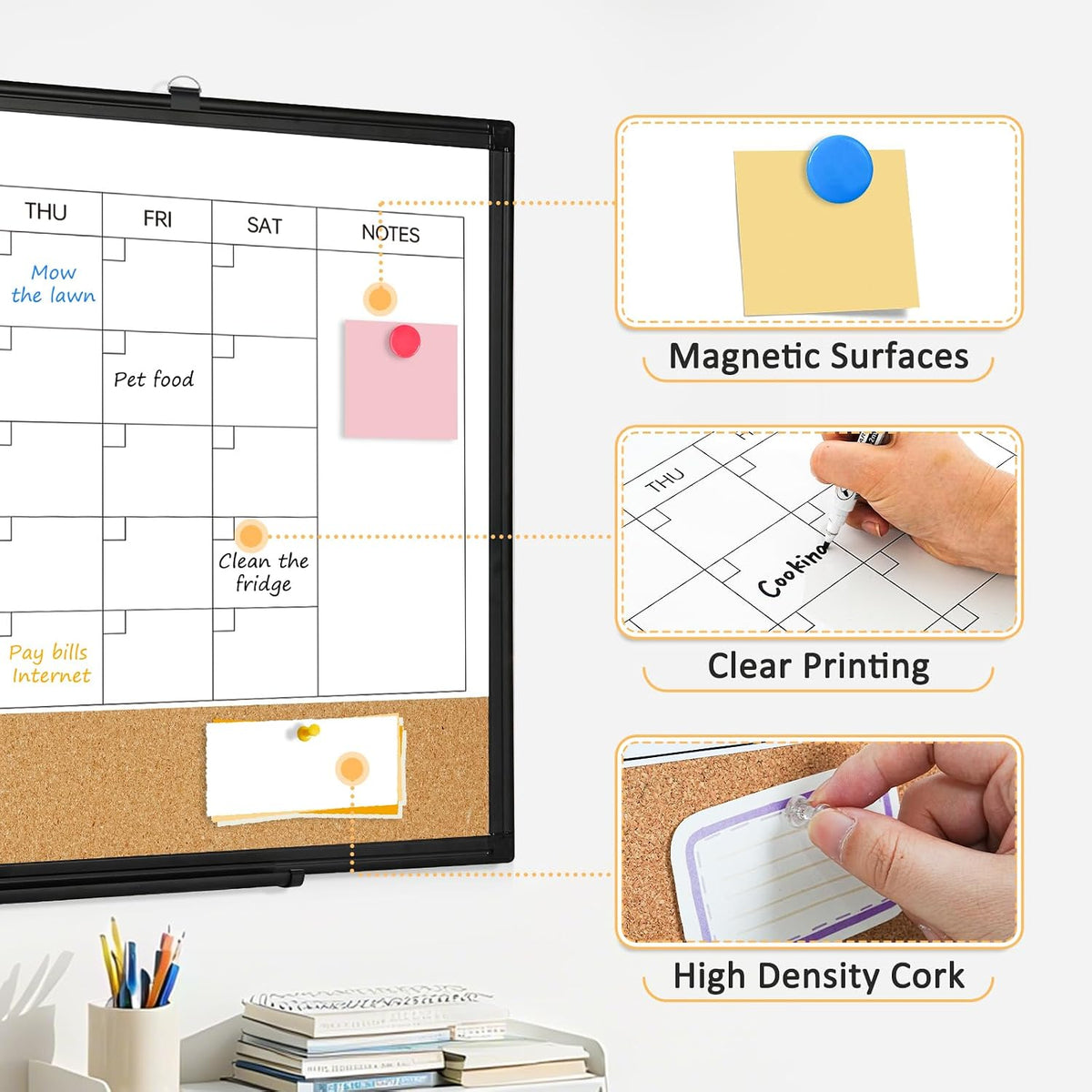 Monthly Dry Erase Calendar Whiteboard with Corkboard, 36" x 24", Black