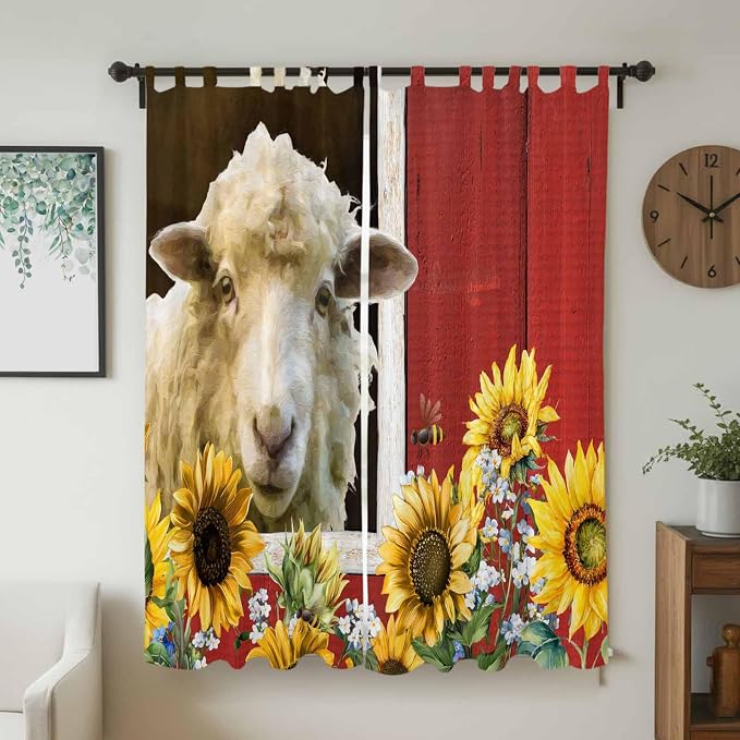 Sheep Flowers Living Room Curtains 84 Inch Length, Window Curtains Tab Top