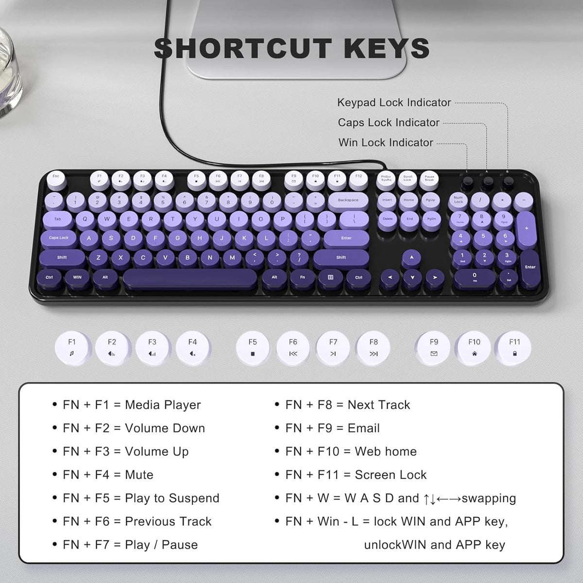 Atelus Computer Keyboard Wired, Retro USB Keyboard with Large Number Pad, Caps Indicators, Foldable Stands, Full Size Typewriter Keyboard for Windows PC Laptop (Black Purple)
