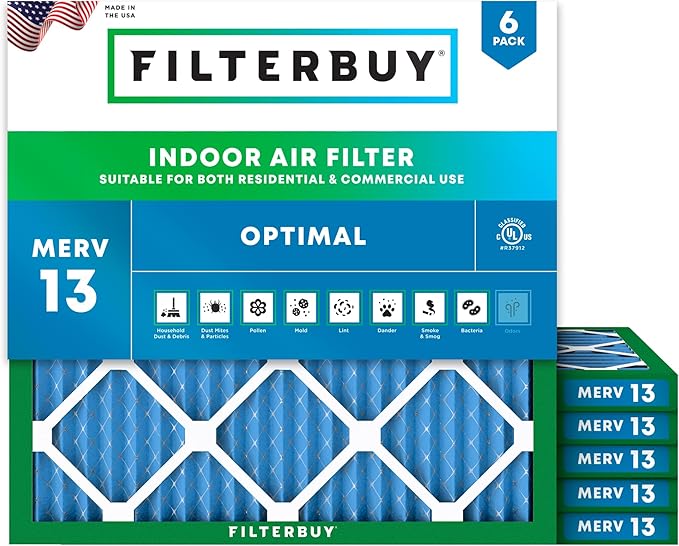 Filterbuy 13.25x13.25x1 Air Filter MERV 13 Optimal Smoke & Allergy Defense