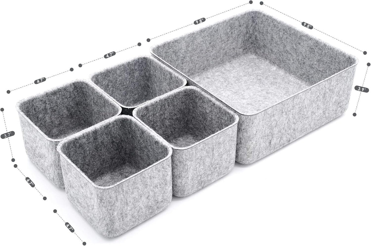 Welaxy Desk Organizers Storage bins Set Office Drawer Organizers Pen holder pencil cup phone stand sticky note storage Closet Cabinet boxes Organizing 5-piece Pack (Gray)