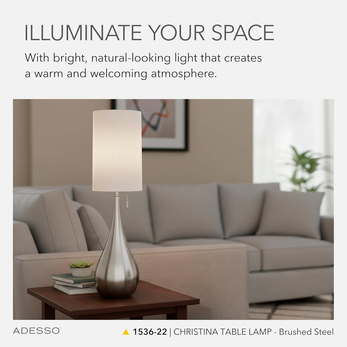 Adesso Brushed Steel Table Lamp with White Fabric Shade – Pull Chain Accent Light for Bedroom, Living Room, or Home Office, 34.5” Tall