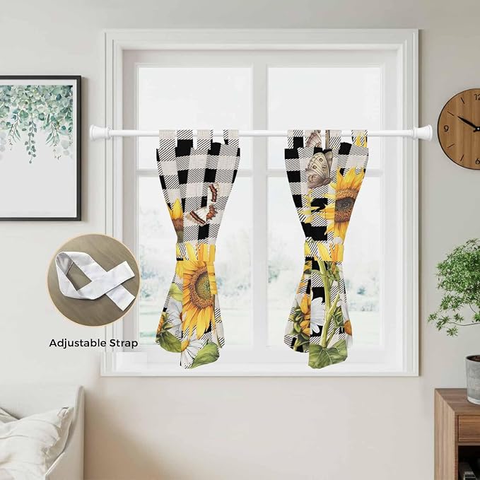 Sunflowers Kitchen Curtains 45 Inch Length, Short Cafe Window Curtains Tab Top