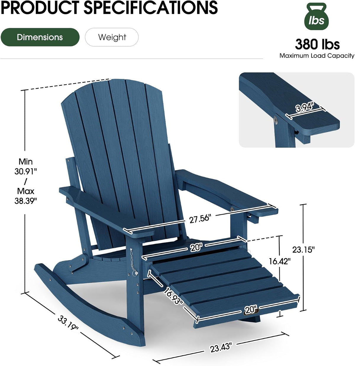 4-in-1 Rocking Adirondack Chair Set of 2, HDPE, Footrest, Navy Blue