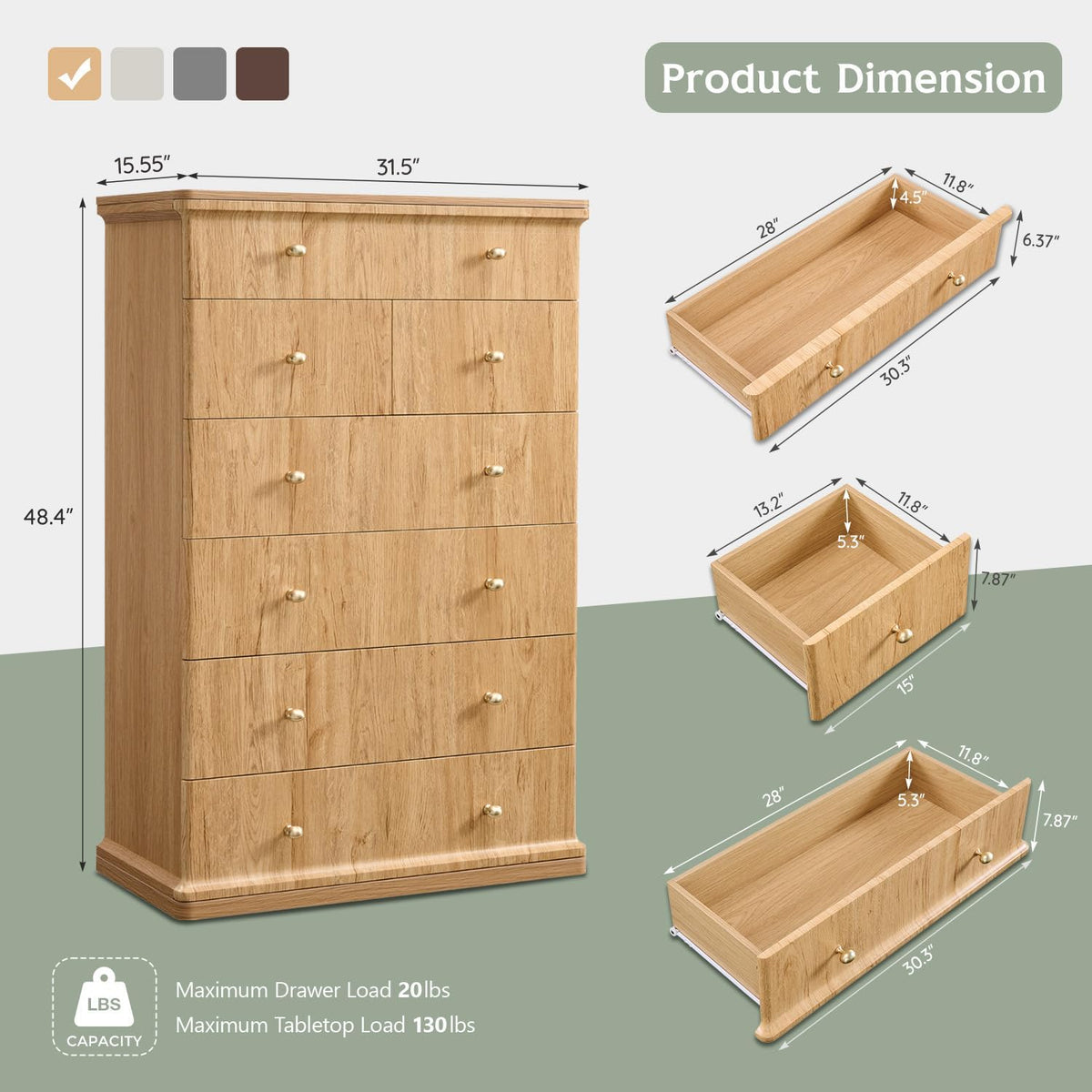 Modern 7 Drawers Dresser for Bedroom, 48" Tall Dressers，Natural Oak