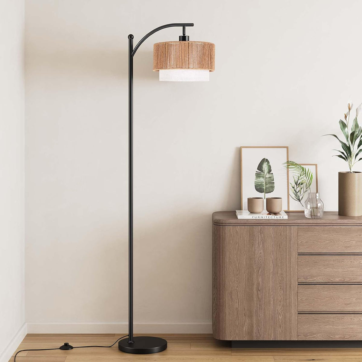 SUNMORY Arc Floor Lamps for Living Room, Rattan Standing lamp with 12W Bulb