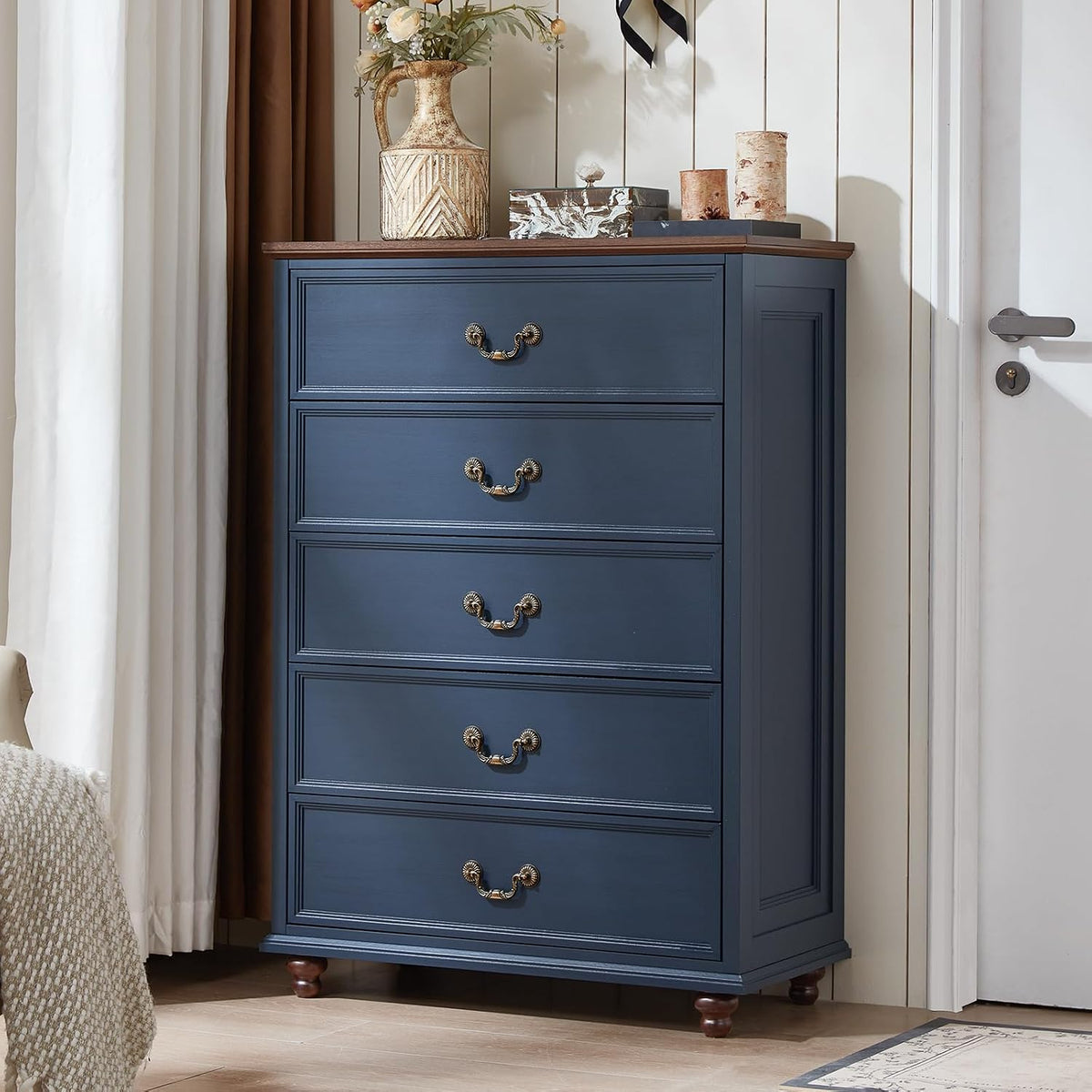 Joaxswe Farmhouse 5 Drawer Dresser for Bedroom, 45" Tall Rustic Chests of Drawers w/ 4 Solid Wood Feet, Mid Century Modern Wooden Closet Storage Dressers Organizer for Living Room, Hallway, Navy Blue