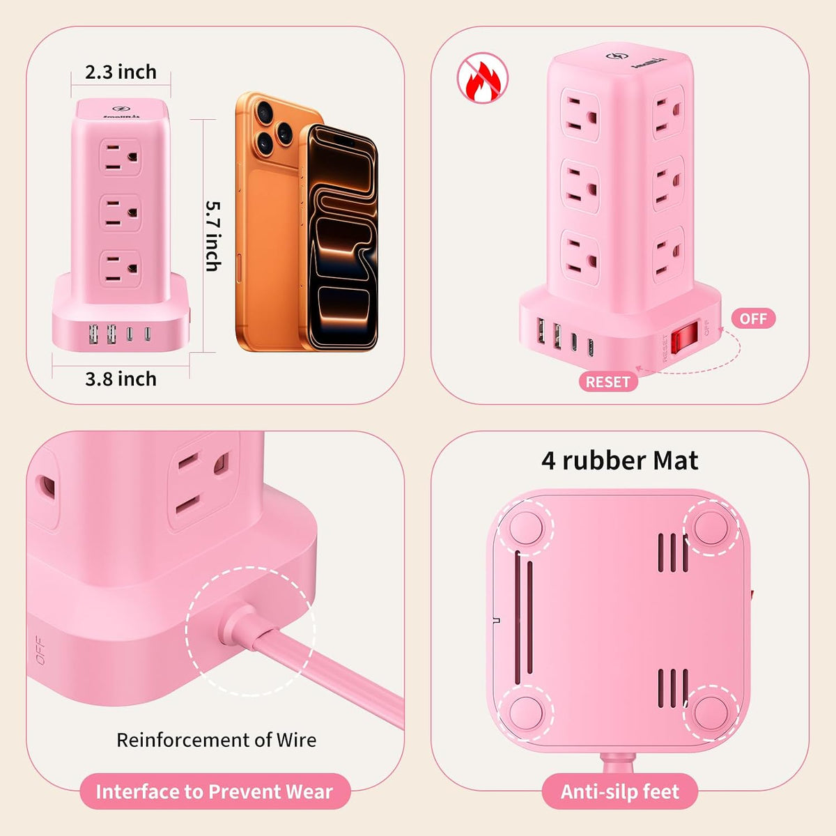 Extension Cord with Multiple Outlets, SMALLRT Outlet Extender with 12 AC Outlets 4 USB, 6.5FT Power Strip Tower for Home Office Supplies, Pink