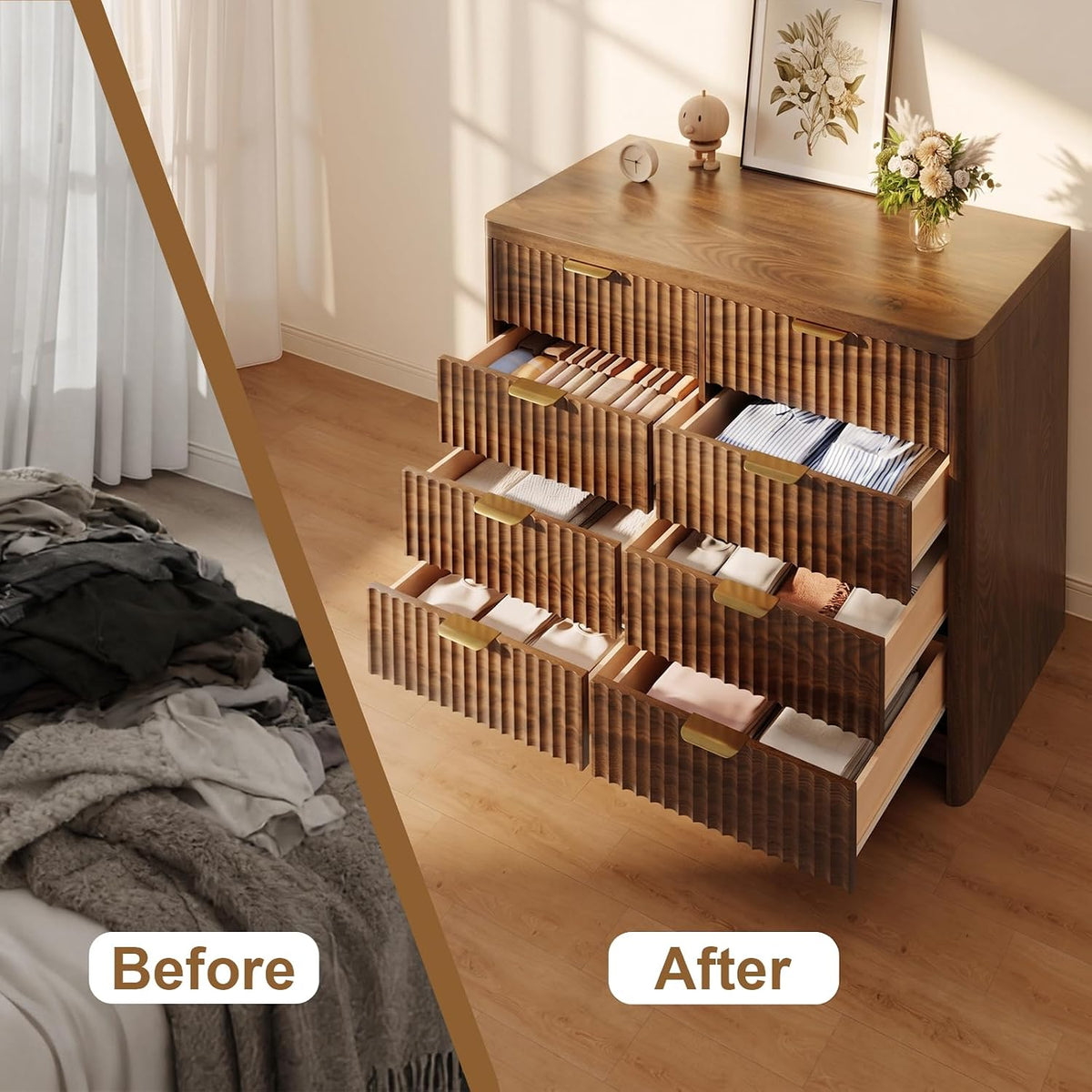 Fluted 8 Drawer Dresser for Bedroom, 47" Wide Modern Chest of Drawers with Metal Handle & Storage, Wooden Dresser TV Stand, Closet Clothes Storage Organizer for Living Room, Walnut Brown Dresser