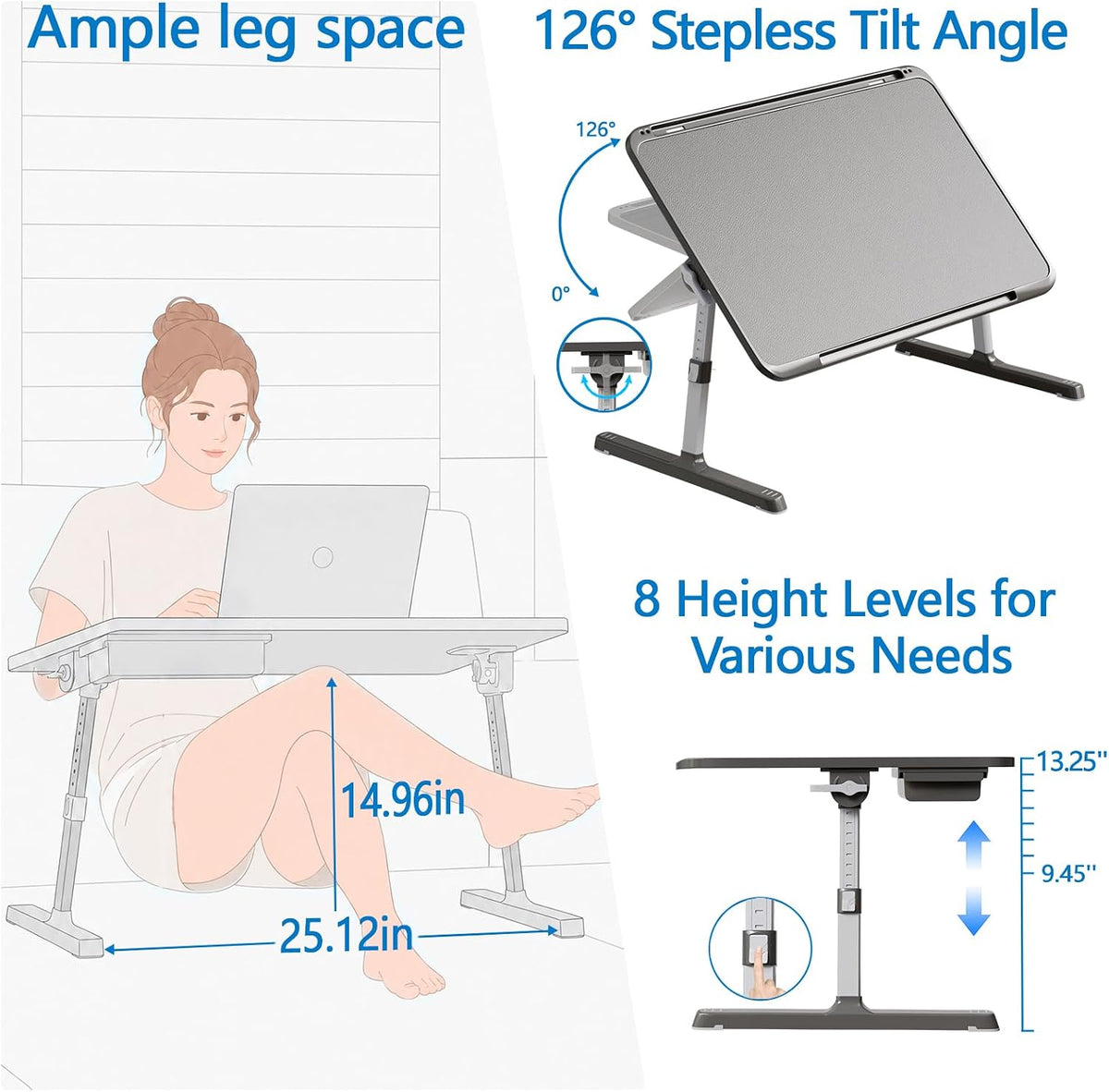Potuopy Adjustable Laptop Lap Desk, X-Large Foldable Bed Table Tray