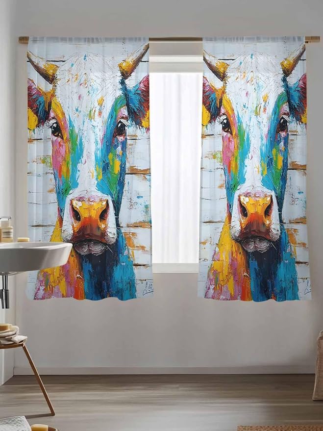 Sheer Curtains 72 Inches Long, Funny Colorful Cow Semi Sheer Curtains Light
