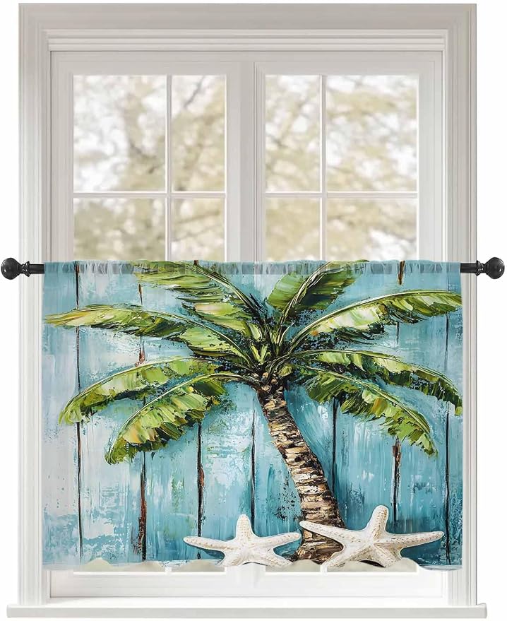 Sheer Curtains 45 Inch Length, Coastal Beach Starfish Semi Sheer Curtains Light