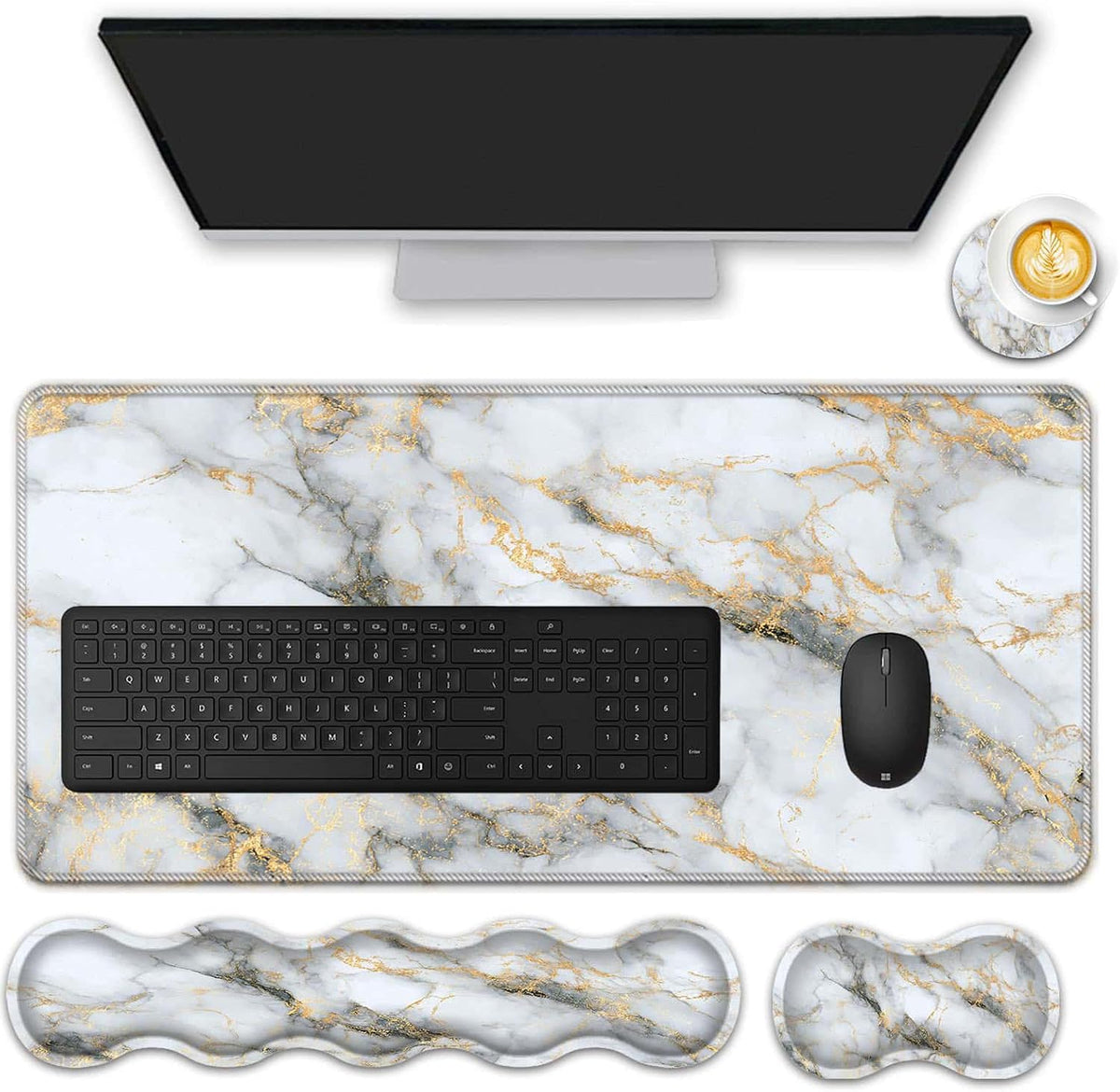 Mouse Pad Set,(31.5×11.8 in) Desk Pad + Keyboard Wrist Rest Support + Mouse Wrist Rest + Coaster for Office,Home,Computer,Laptop - 4 Gray Gold Marble