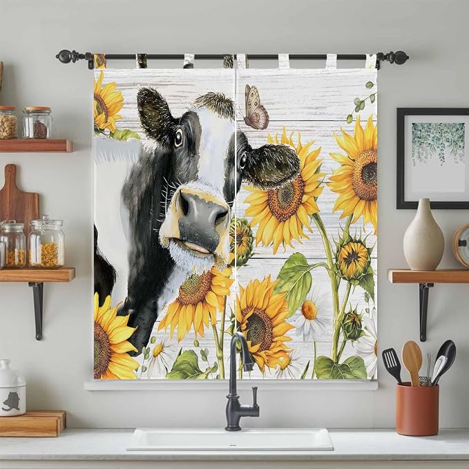 Retro Farmhouse Floral Bathroom Curtains 63 Inch Length, Window Curtains Tab Top