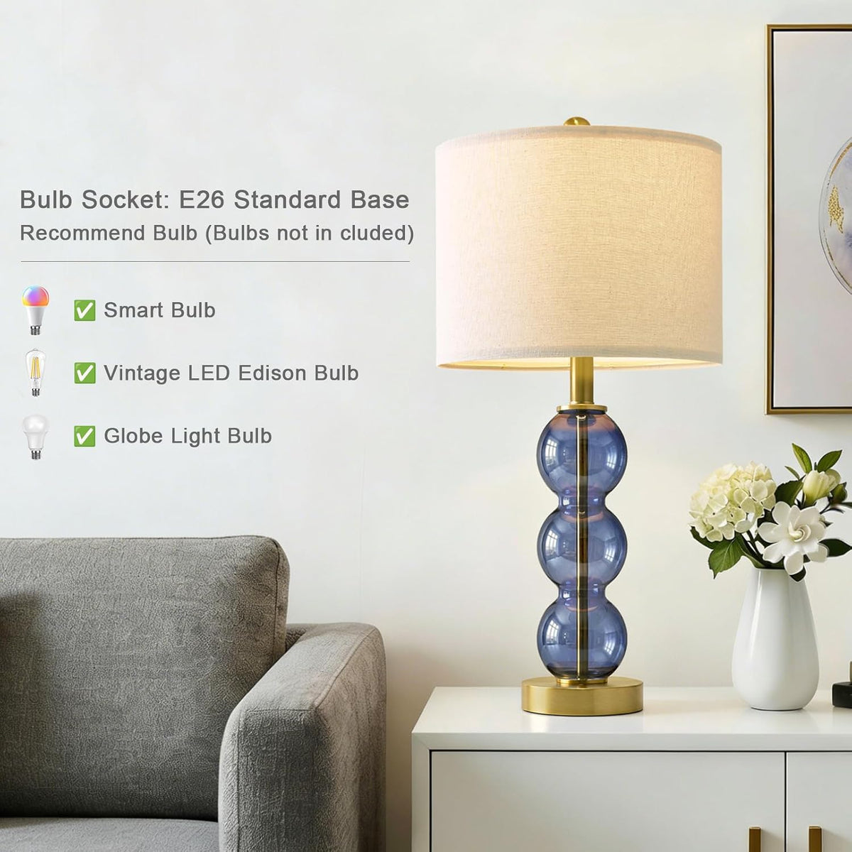 Oneach 25" Blue Table Lamps for Living Room, Glass Modern Table Lamp Set of 2, USB Charging Ports, Linen Shade, Bedside Lamps for Bedroom, Nightstand, Side Table
