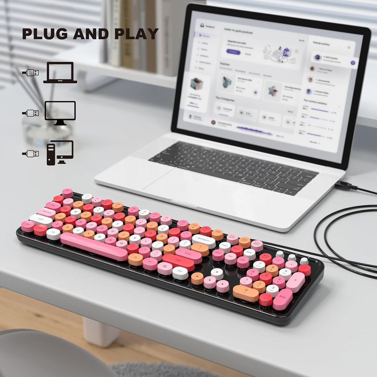 MOFII Computer Keyboards Wired, Plug Play USB Full Size Typewriter Keyboard, Cute Colorful Aesthetic Keyboard with Foldable Stands for Windows PC Laptop (Black Colorful)