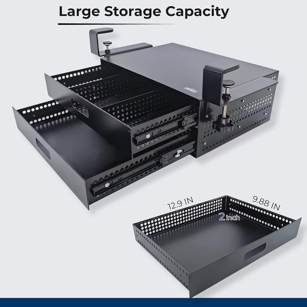 Clamp-On Under Desk Drawer Slide Out - No-Drill Metal Storage, LINEWISE