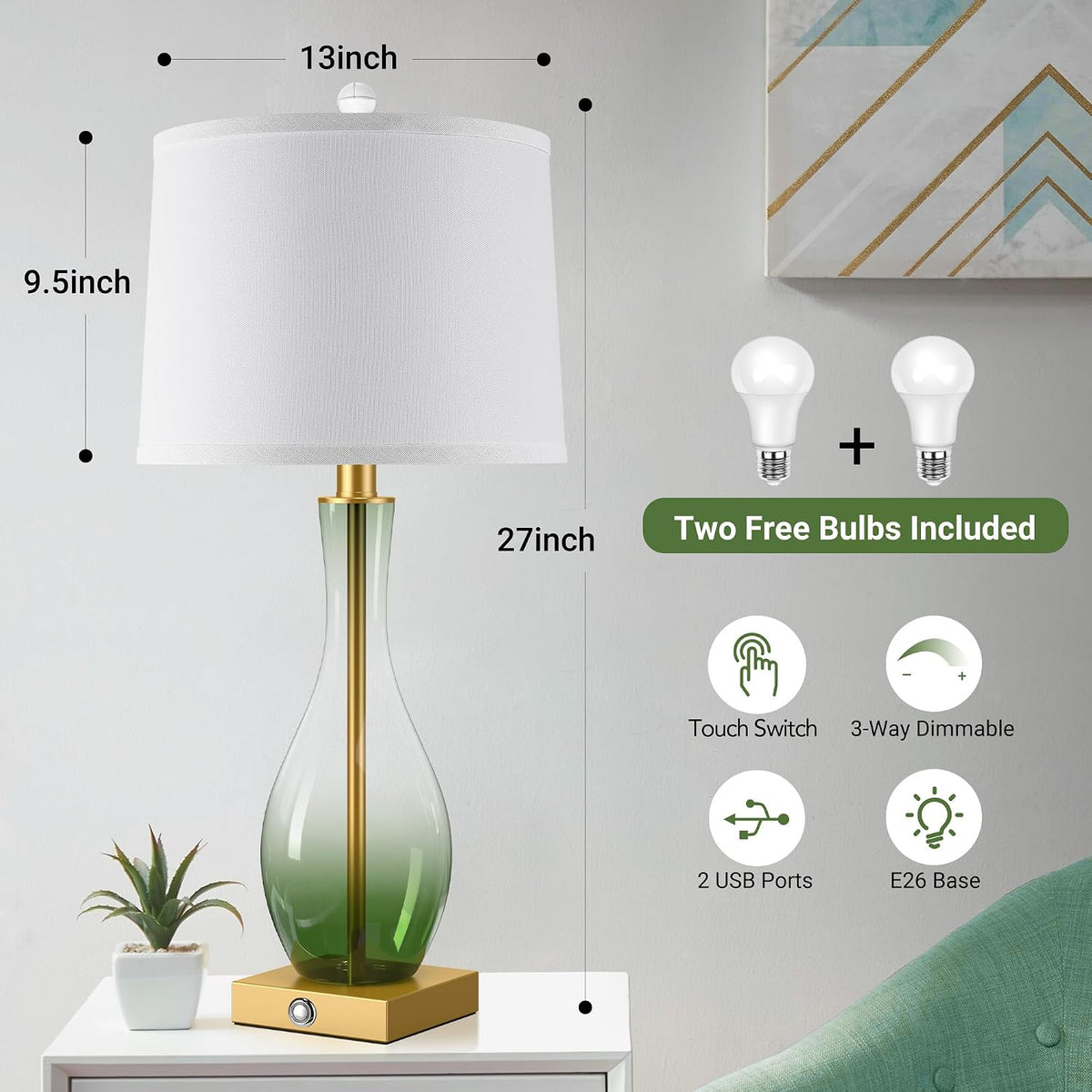 27" Glass Table Lamps Set of 2, Touch Dimming Nightstand Lamp with USB Port