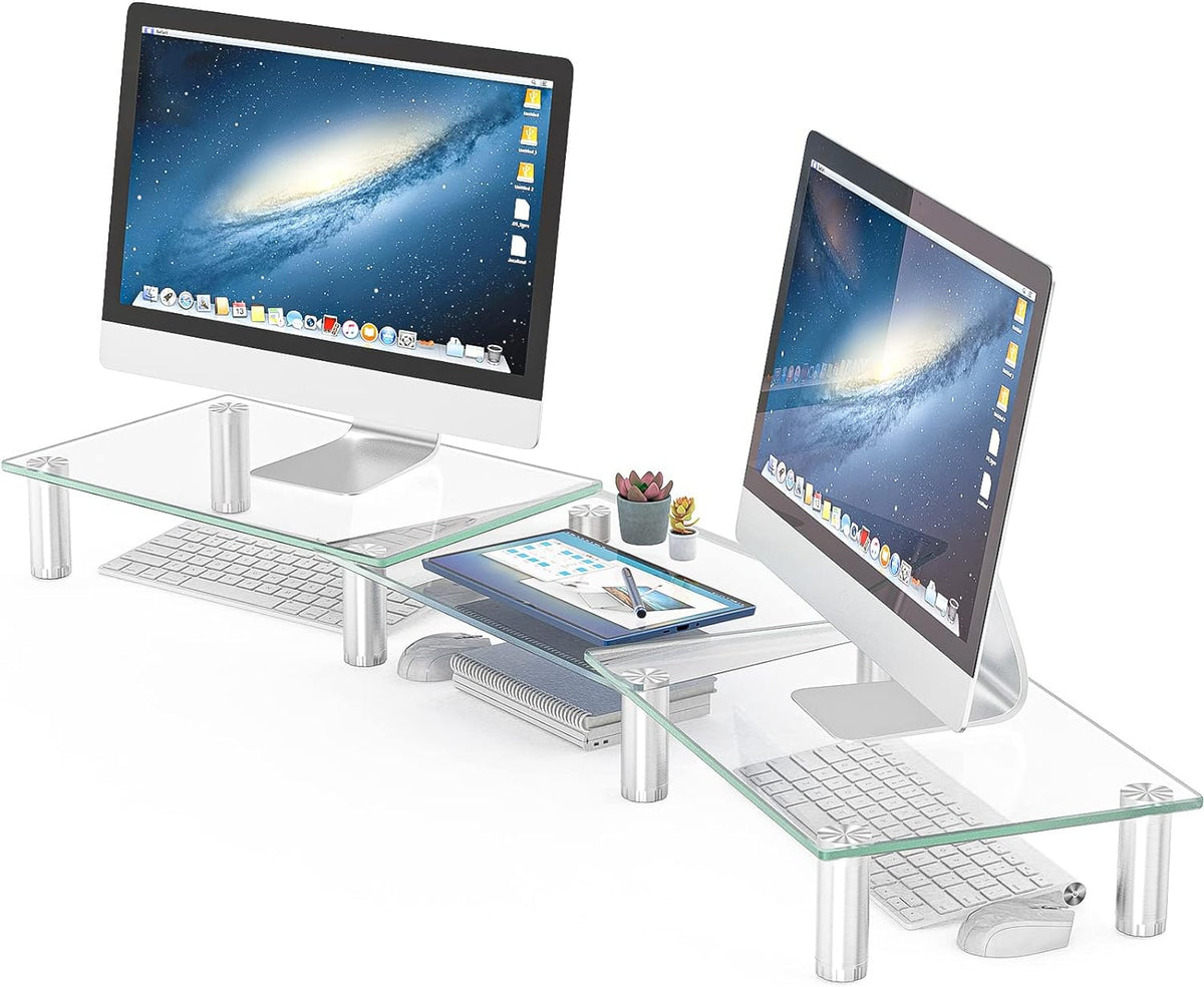 Hemudu Dual Monitor Stand -Adjustable Length and Angle Dual Monitor Riser, Desktop Organizer for PC, Computer, Laptop (Clear)