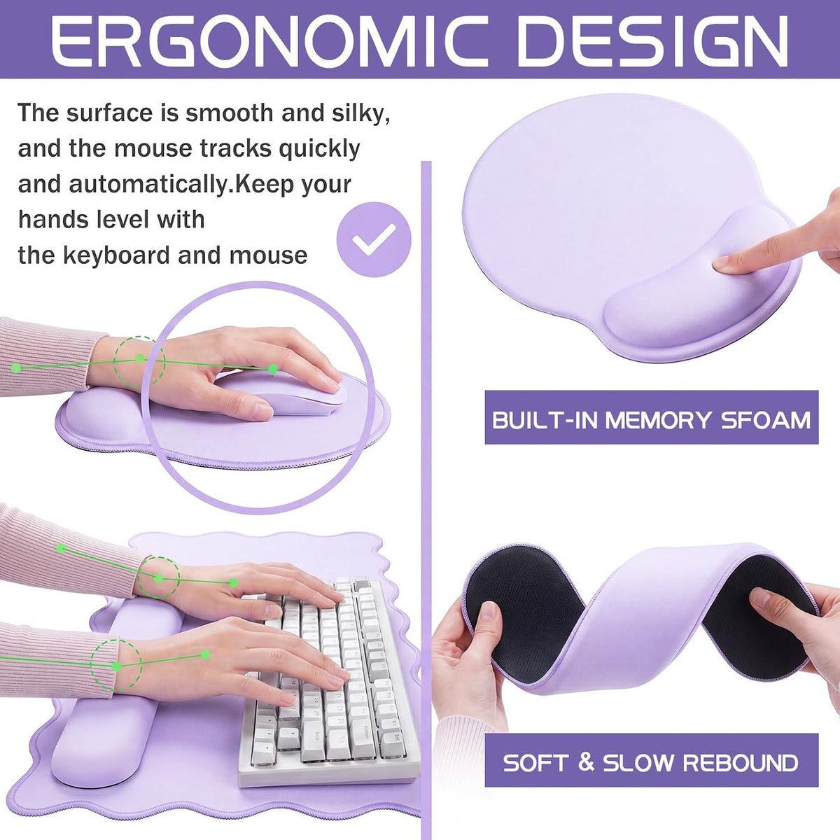 Sabary Scalloped Desk Mat Keyboard Mouse Pad Set Purple 35.5 x 15.7 Inch