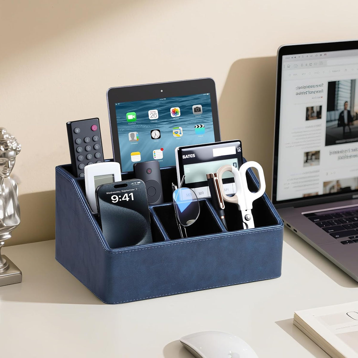 PU Leather Desk Organizer, Remote Control Holder (Dark Blue)