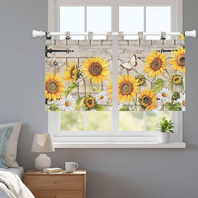 Farm Flowers Kitchen Curtains 36 Inch Length, Small Window Curtains Tab Top