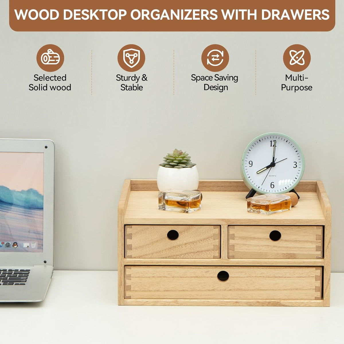 KIRIGEN Wooden Desk Organizer with 3 Drawers and Top Tray Natural DT2D3C-NA