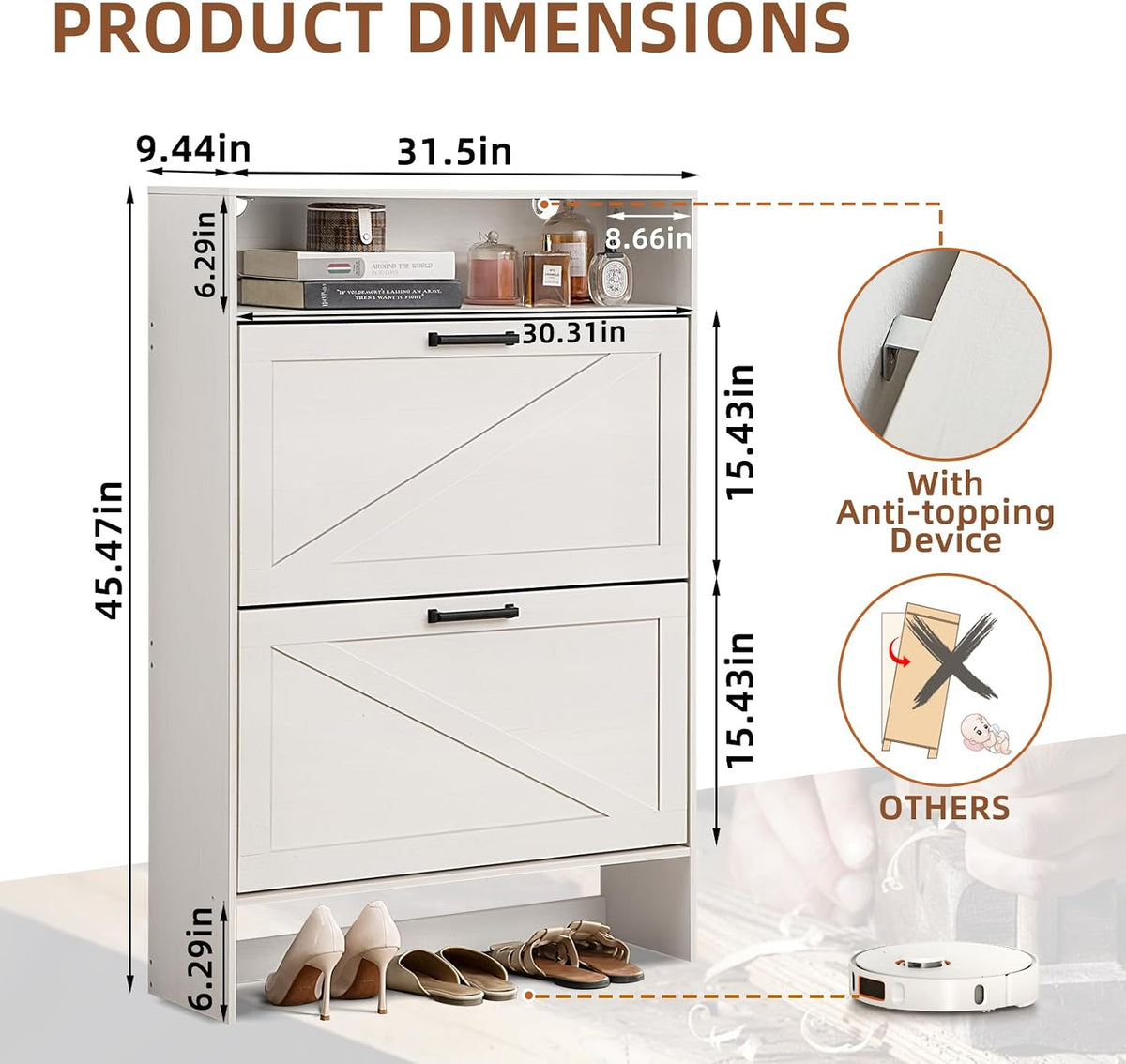 RWYHG Shoe Cabinet with 2 Flip Drawers, Narrow Entryway Organizer,White