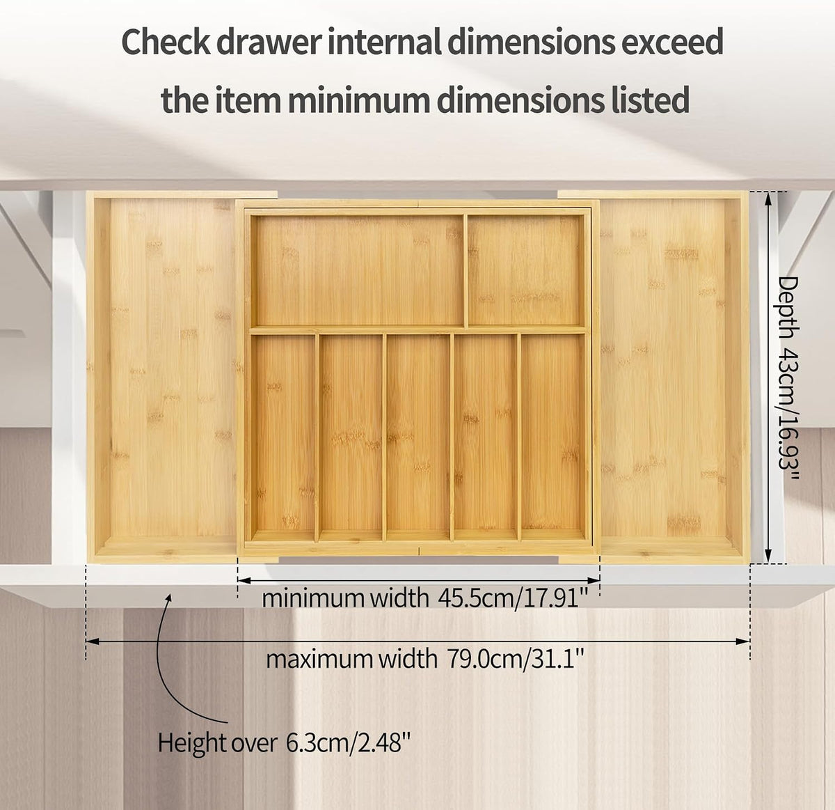 Utoplike Extra Large Kitchen Drawer Organizer, Solid Bamboo Silverware Tray