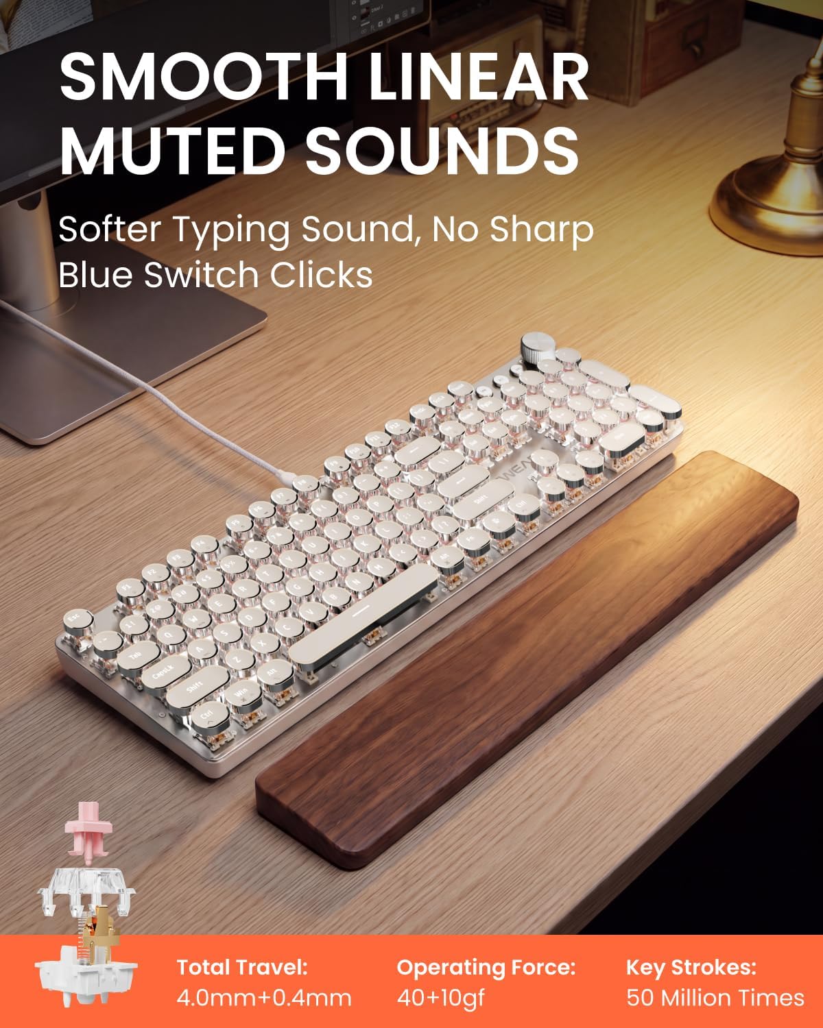 Wired Typewriter Mechanical Keyboard, Retro Punk Keyboard with Media Knob