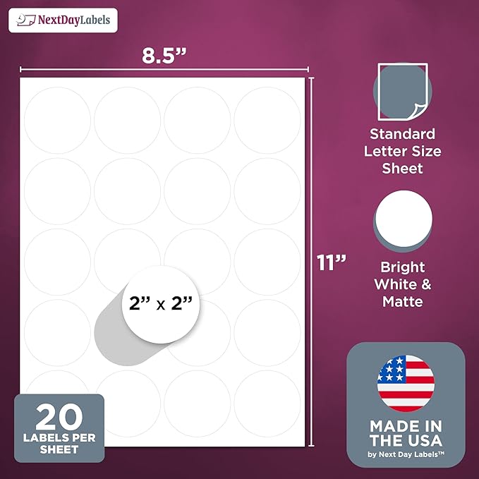 NextDayLabels - 2 Inch Round Circle Stickers - Matte White Blank Laser/Inkjet Printer Labels (20000 Labels, 1000 Sheets, 20 Per Sheet)