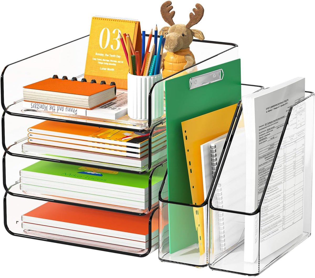 FANXIYQ 4-Tier Acrylic Paper Tray Organizer with Bookends, Paper Organizer
