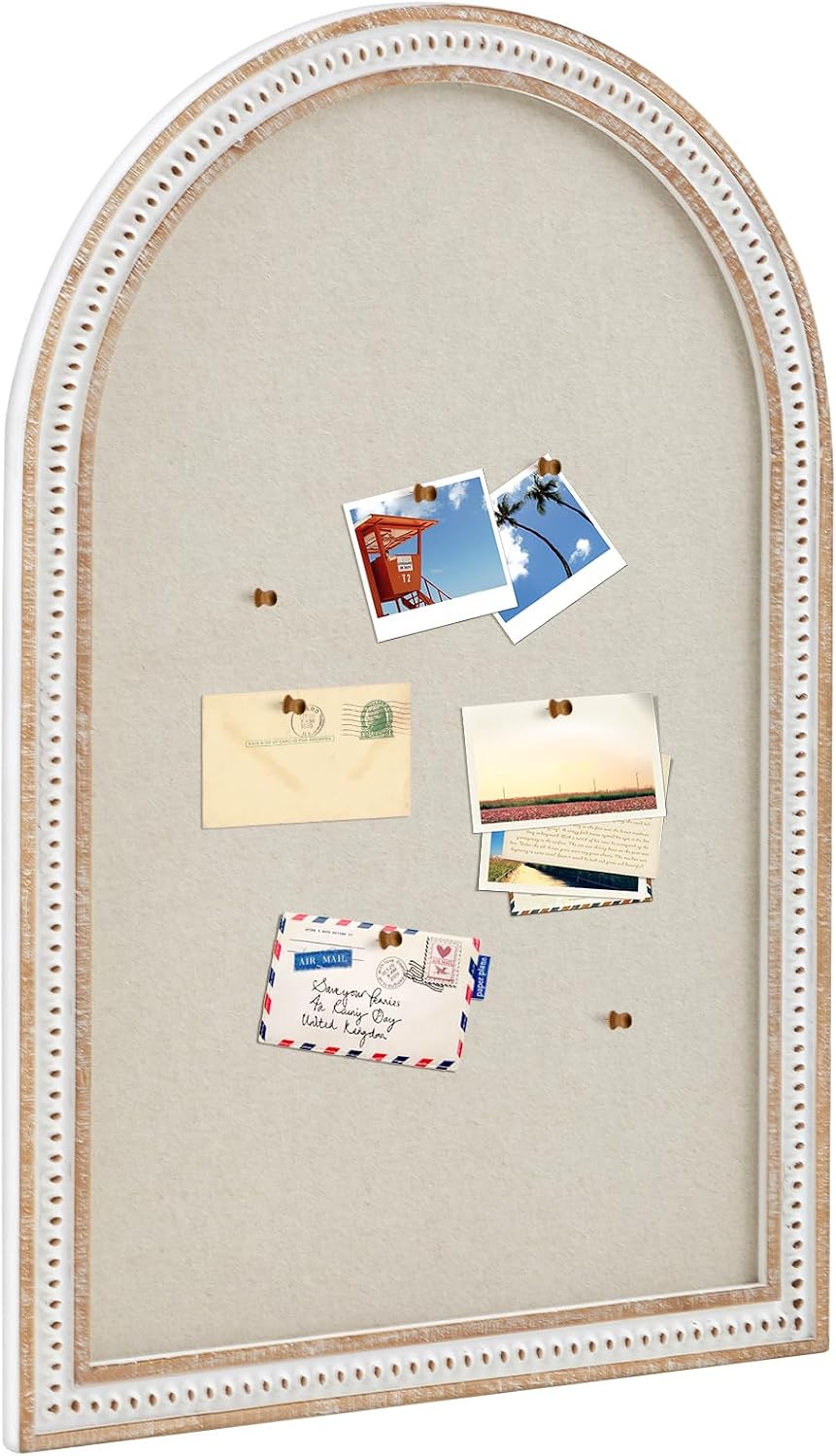 Wonderjune Linen Display Pinboard, Arch, 24" X 36", Distressed White