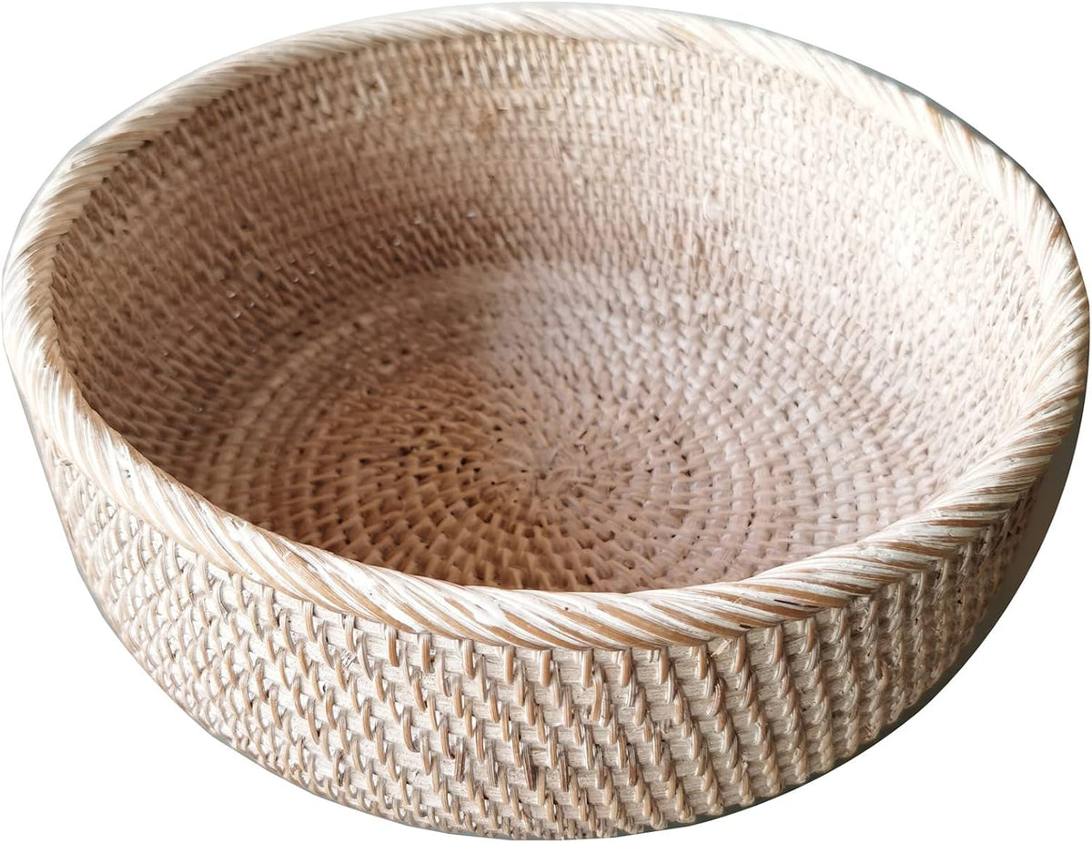 Wash White Round Rattan Bowl Basket,Decorative Handmade Wicker Basket Tray with 4 Inch High Wall, Decorative Woven White Bread Basket Fruit Bowl Key Holder Table Centerpiece