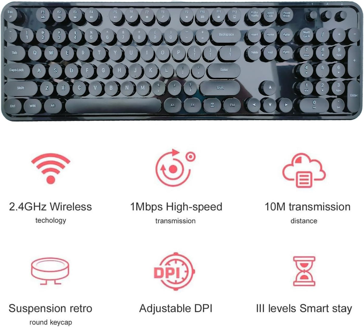 Wireless Keyboard and Mouse Combo, Retro Style Keyboard with Round Keycaps, 2.4GHz Dropout-Free Connection Mouse with 3 Adjustable DPI for Windows Notebook PC (Black)