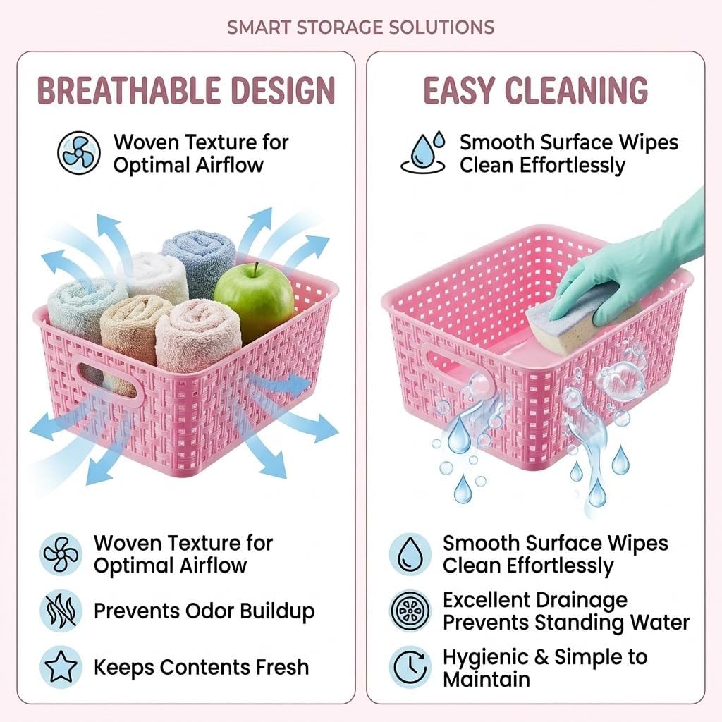 Plastic Storage Baskets/Bins, 12-Pack Stackable Pink Basket Organizer for Bathrooms, Kitchens, Countertops and Bedrooms