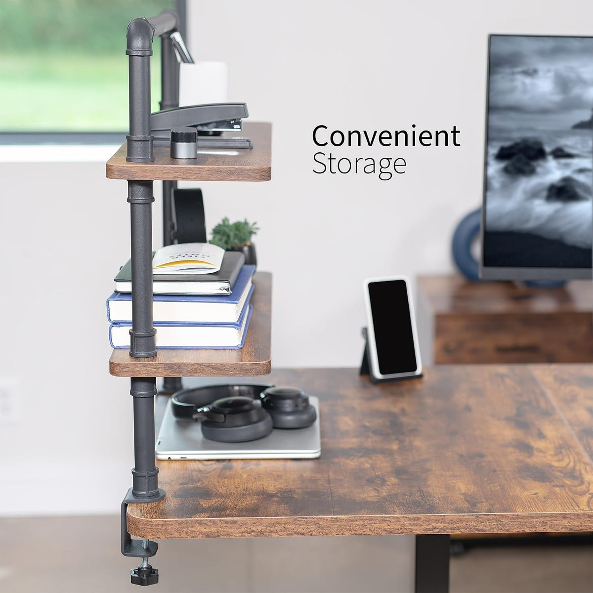 VIVO Vintage Brown Clamp-on 24" Industrial Pipe Desk Shelf, DESK-SHELF24-2N