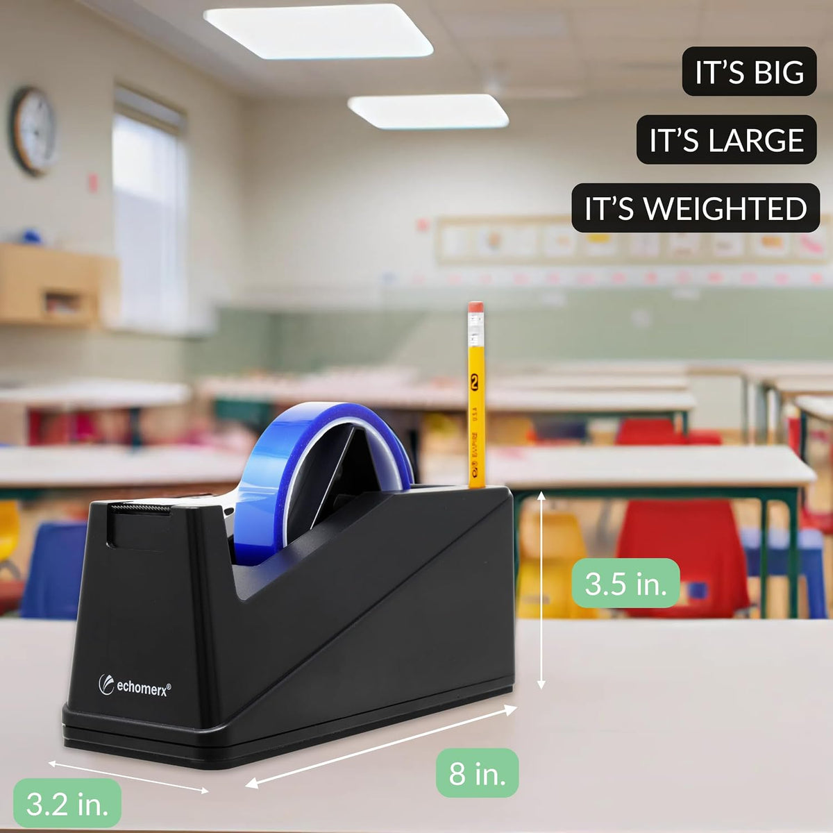 Echomerx Desk Tape Dispenser, One-Handed, Weighted Non-Slip, 1" & 3" Cores