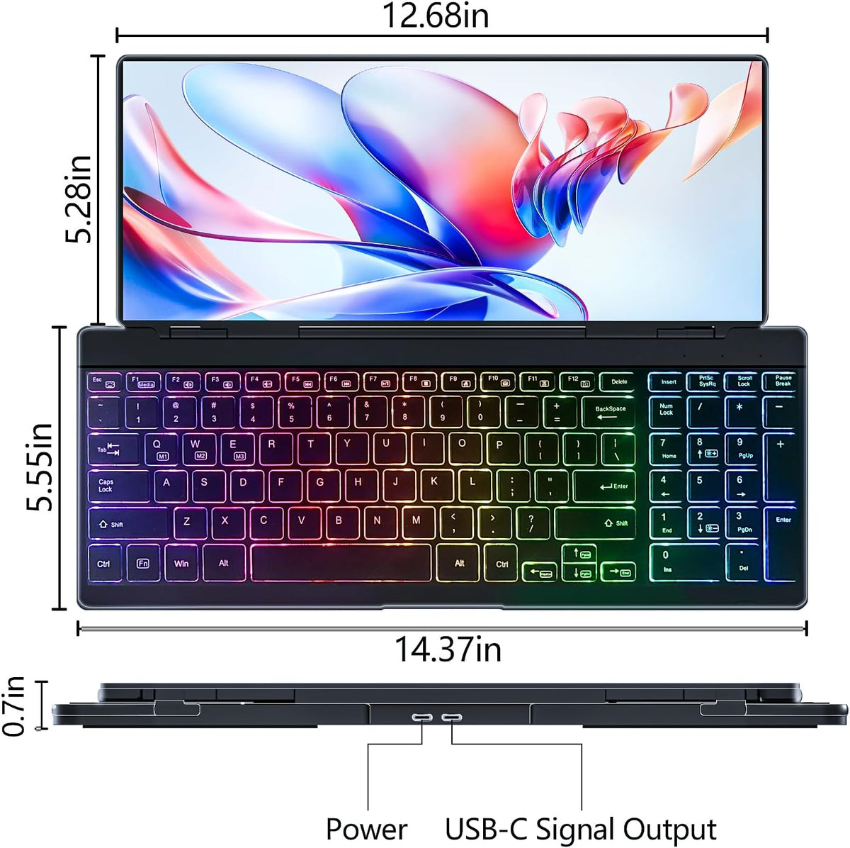 Portable Touchscreen Monitor with Silent Keyboard 12.8" Ultra-Slim Stretched Bar Screen Folding FHD 120% sRGB, USB-A/C Compatible Screen for Computers, Laptops, Mini PCs, Consoles