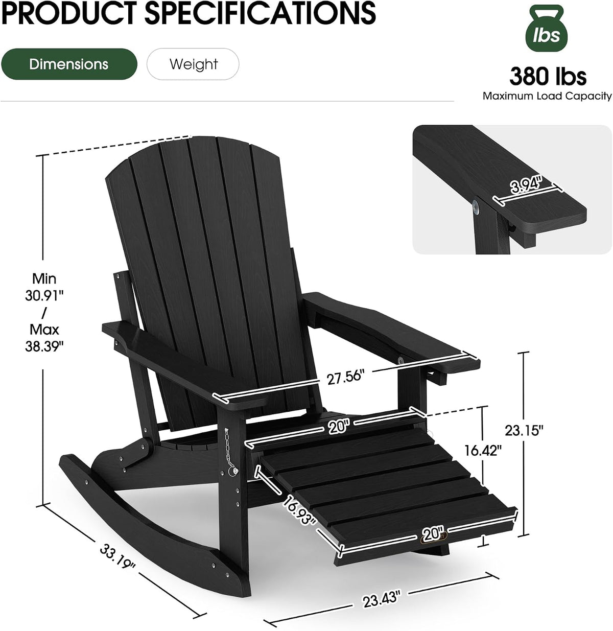 4-in-1 Rocking Adirondack Chair Set of 2, HDPE, Footrest, Black