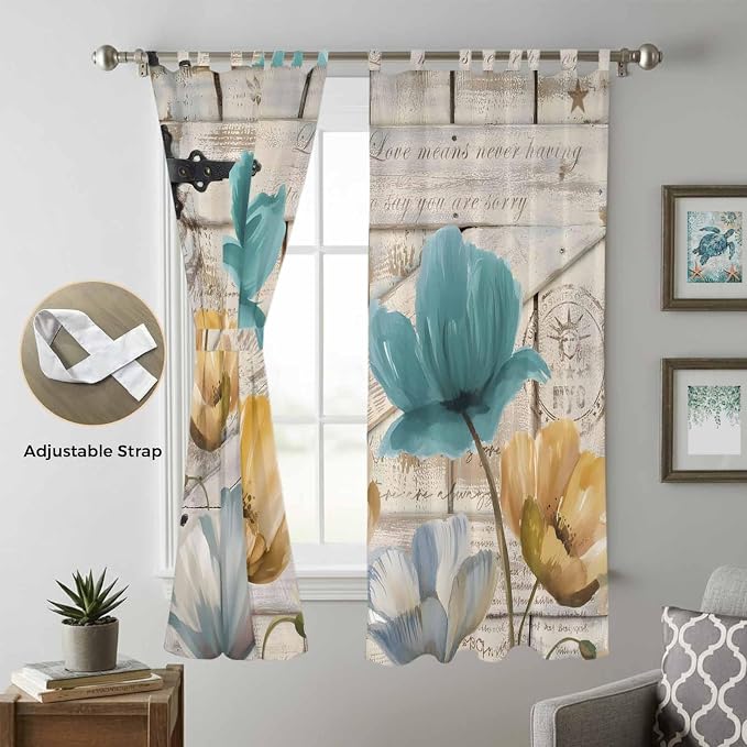 Watercolor Flowers Living Room Curtains 96 Inch Length, Window Curtains Tab Top