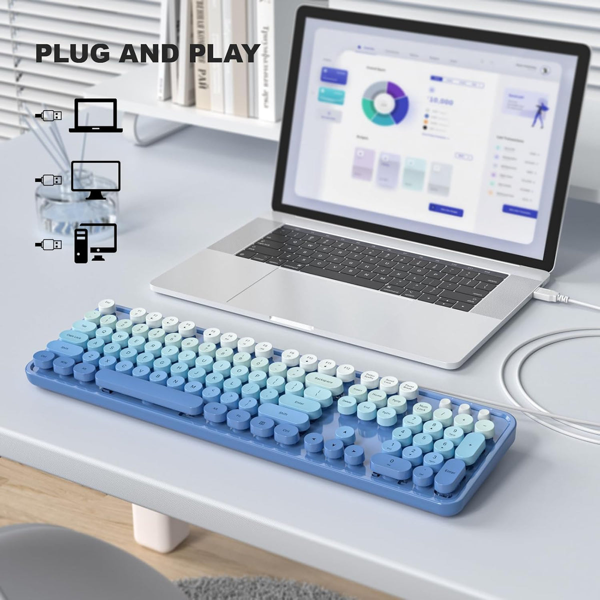 Wired Retro Keyboard, 104 Keys Full-Sized Typewriter Keyboards, Office Keyboard with Number Pad, Foldable Stands for Windows, PC, Laptop, Desktop (Blue Gradient)
